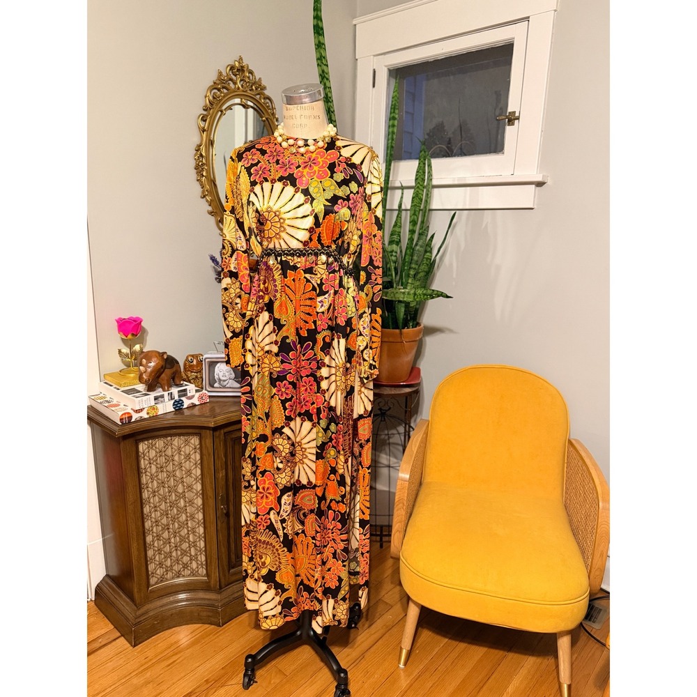 Vintage 1970s Maxi Tunic Dress High Slit Satin Boho Floral Print Long Sleeve - M - Picture 2 of 10